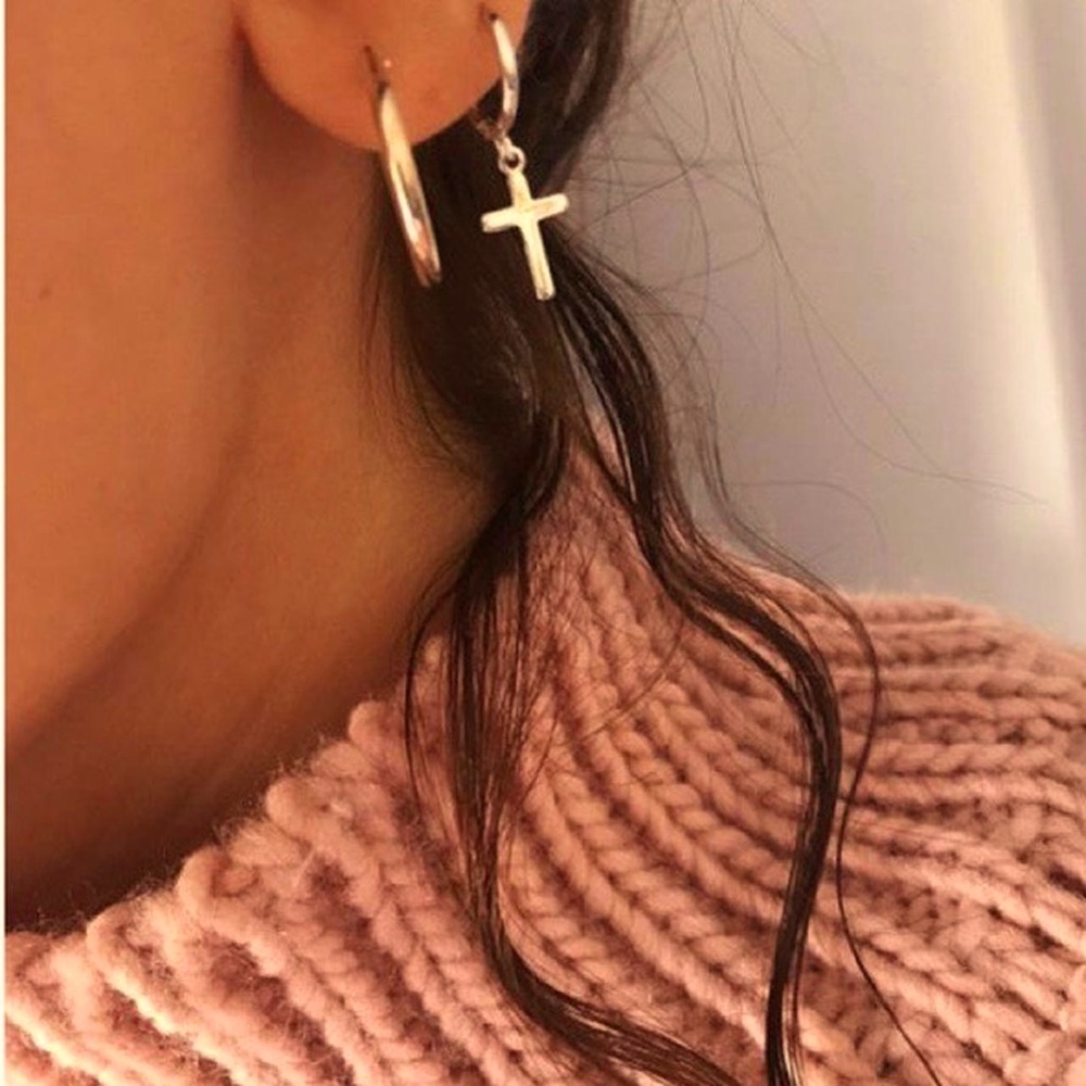 New unisex silver tone dangle cross earrings